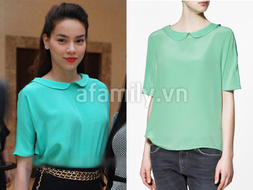 Sơ mi Zara chiffon tay lửng, gam màu xanh bạc hà được Hà Hồ biến tấu thật sang trọng khi mix cùng chân váy bút chì. 