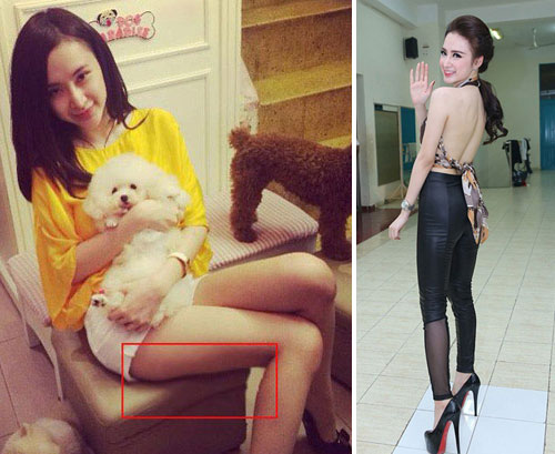 Angela Phương Trinh 'nắn' chân quá nhiều khiến chiếc ghế bị lồi lõm. Trong bức ảnh khác, người đẹp có vòng 3 khá thật nhưng khuôn mặt cứng và trắng bất thường khiến cô mất vẻ tự nhiên.