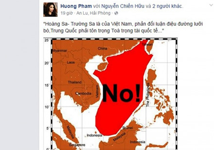 Một ngày sau khi tòa quốc tế ra phán quyết bác bỏ “đường lưỡi bò” của Trung Quốc, hàng loạt sao Việt đăng tải status yêu cầu Bắc Kinh tôn trọng chủ quyền biển đảo Việt Nam. Hoa hậu Phạm Hương là một trong những người lên tiếng đầu tiên. Ảnh: Lao động
