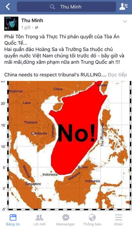 Ca sĩ Thu Minh cũng kêu gọi người hâm mộ ủng hộ quyết định của Tòa trọng tài PCA. Ca sĩ cũng nhấn mạnh quan điểm quần đảo Hoàng Sa và Trường Sa thuộc chủ quyền của Việt Nam ''trước đó, bây giờ và mãi mãi''. Ảnh: Zing