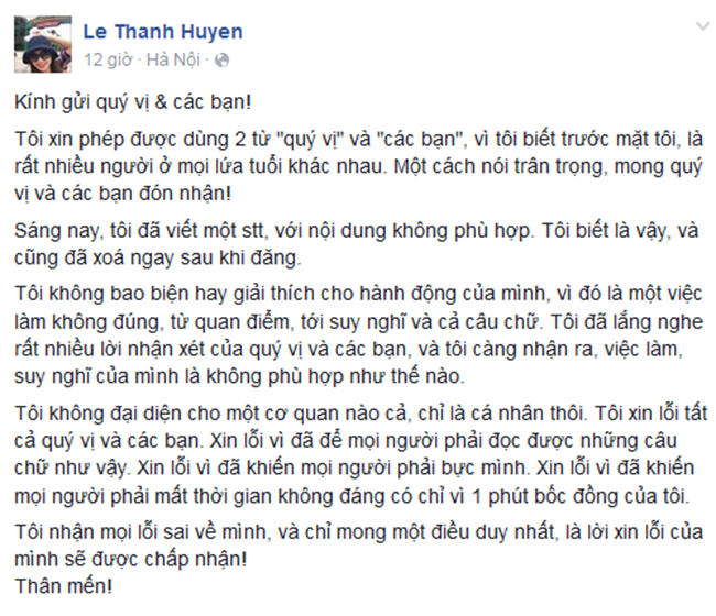 Nhiều người tức giận trong status của BTV Thanh Huyền không chỉ bởi quan điểm riêng của cô ấy, rằng vẫn thích Triệu Vi. Yêu ghét một ai đó là quyền cá nhân. Song trong hoàn cảnh này, nhiều người cho rằng không nên thể hiện thái độ như vậy. Đoạn cuối status của BTV Thanh Huyền còn cho rằng 'thanh niên bây giờ chỉ chửi đổng là giỏi'. Ngay khi vấp phải sự phản ứng dữ dội của dư luận, BTV Thanh Huyền đã một lần nữa lên trang cá nhân xin lỗi khán giả. Tuy nhiên, nhiều người không thấy sự chân thành trong lời xin lỗi của cô bằng việc xưng hô 'quý vị và các bạn' cùng với lời chào 'thân mến' ở cuối.