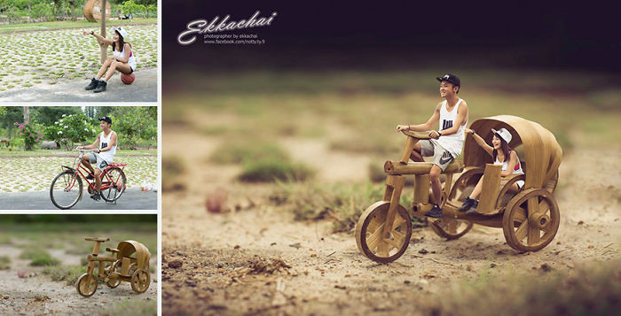 Chụp ảnh như bình thường và sau đó xử lý bằng photoshop để cắt ghép vào những khung cảnh thiên nhiên kỳ diệu.