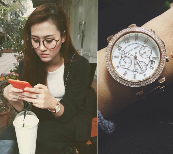 Hot girl Hà Lade cũng sở hữu một chiếc đồng hồ cùng kiểu dáng với chiếc của Hoàng Thùy nhưng có dây mạ vàng.