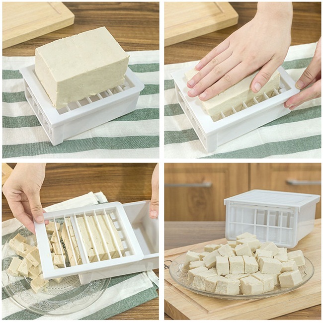 Dụng cụ dùng để cắt đậu phụ thành từng miếng vuông đẹp có giá 69.000 đồng. Bạn cũng có thể cắt những món ăn khác với cùng kích thước.