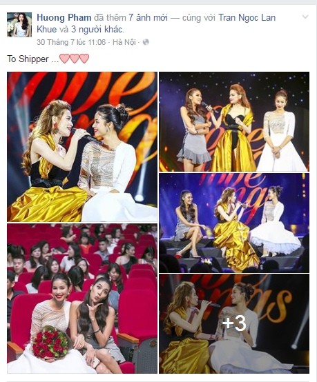Trước đó, Phạm Hương và Lan Khuê nhiều lần tỏ ra thân thiết trong liveshow Love Songs của Hồ Ngọc Hà tại Hà Nội.