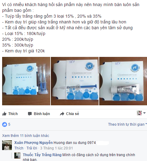 Lời rao b&aacute;n tr&ecirc;n một trang Facebook b&aacute;n thuốc tẩy trắng răng