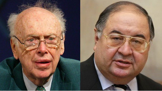 Tỷ ph&uacute; Alisher Usmanov (phải) rất buồn khi nh&agrave; khoa học Mỹ James Watson (tr&aacute;i) phải b&aacute;n huy chương Nobel