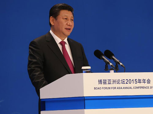 Chủ tịch Trung Quốc ph&aacute;t biểu tại Diễn đ&agrave;n B&aacute;c Ngao h&ocirc;m nay. Ảnh: Xinhua