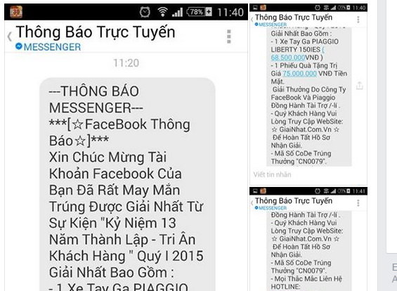Một loại tin nhắn lừa người sử dụng Facebook trúng xe Liberty, theo những tin pháp luật online trong ngày. Một loại tin nhắn lừa người sử dụng Facebook trúng xe Liberty, theo những tin pháp luật online trong ngày.
