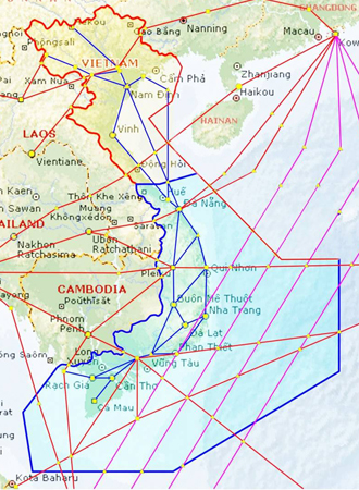 V&ugrave;ng th&ocirc;ng b&aacute;o bay Hồ Ch&iacute; Minh (v&ograve;ng xanh) nằm s&aacute;t khu vực quần đảo Trường Sa của Biển Đ&ocirc;ng Việt Nam