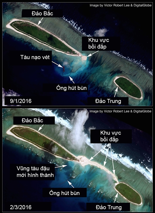 Ảnh vệ tinh cho thấy hoạt động bồi đắp trái phép của Trung Quốc tại Đảo Bắc thuộc quần đảo Hoàng Sa của Biển Đông Việt Nam Ảnh vệ tinh cho thấy hoạt động bồi đắp trái phép của Trung Quốc tại Đảo Bắc thuộc quần đảo Hoàng Sa của Biển Đông Việt Nam