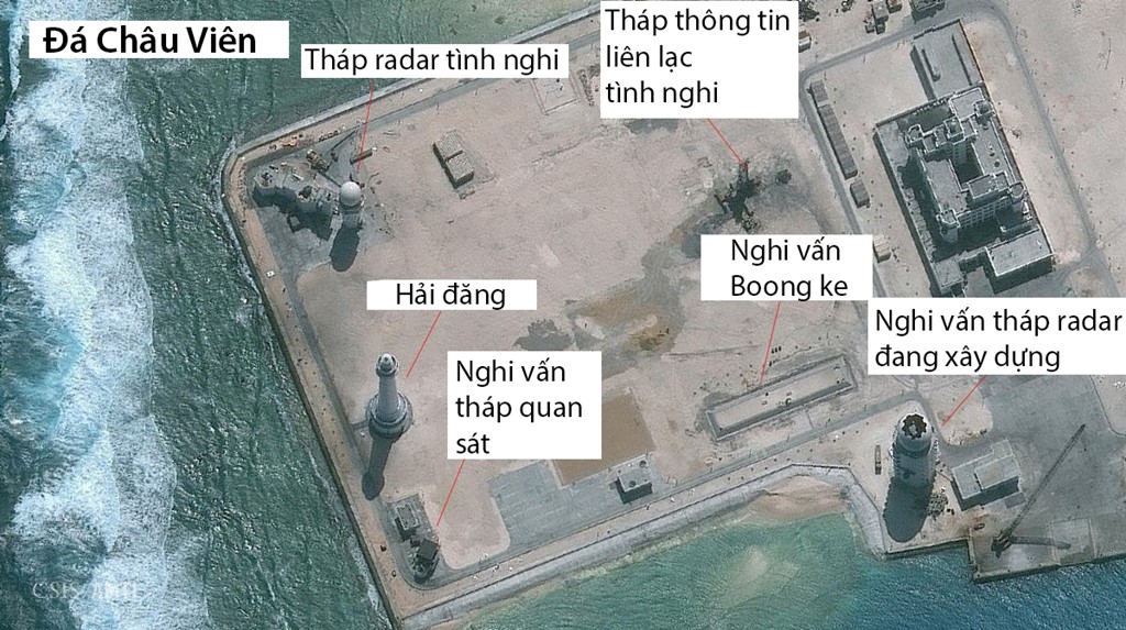 Ảnh vệ tinh cho thấy c&aacute;c hoạt động x&acirc;y dựng của Trung Quốc tr&ecirc;n đ&aacute; Ch&acirc;u Vi&ecirc;n ng&agrave;y 24/1/2016, một động th&aacute;i khiến t&igrave;nh h&igrave;nh Biển Đ&ocirc;ng tăng nhiệt