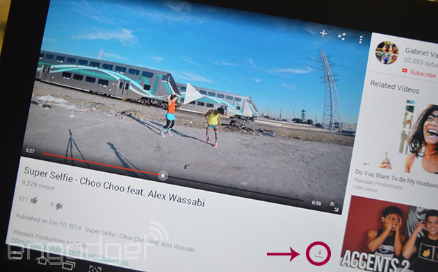 Mũi t&ecirc;n download sẽ cho biết sự hiện diện của t&iacute;nh năng Youtube Offline