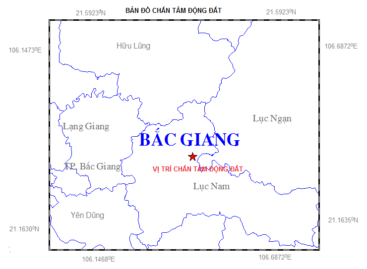 Vị tr&iacute; t&acirc;m chấn động đất tại Bắc Giang ng&agrave;y h&ocirc;m qua