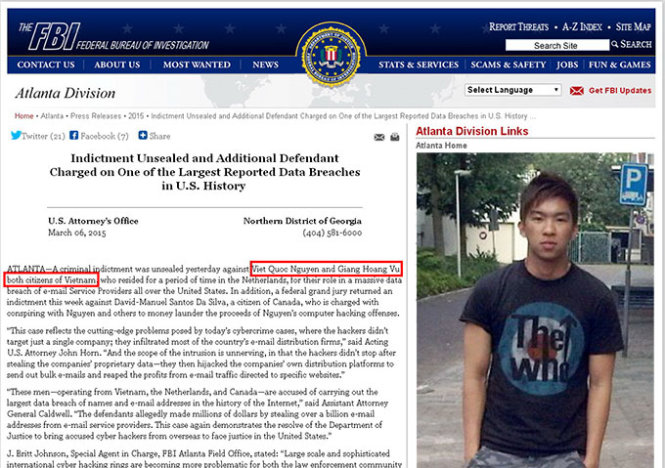 Th&ocirc;ng b&aacute;o của FBI về việc truy tố hai tin tặc người Việt