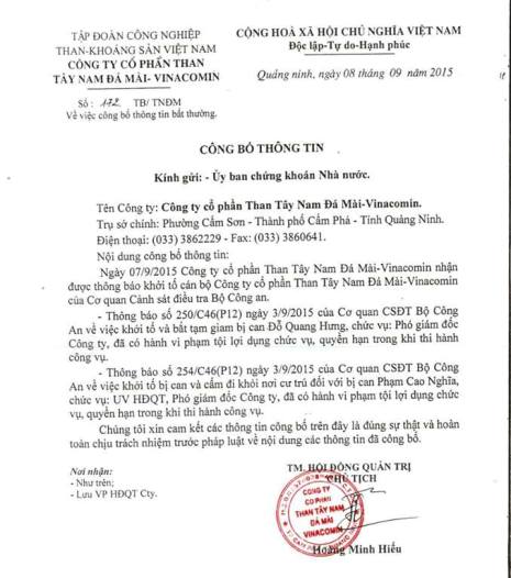 khởi tố hai c&aacute;n bộ C&ocirc;ng ty cổ phần than T&acirc;y Nam Đ&aacute; M&agrave;i