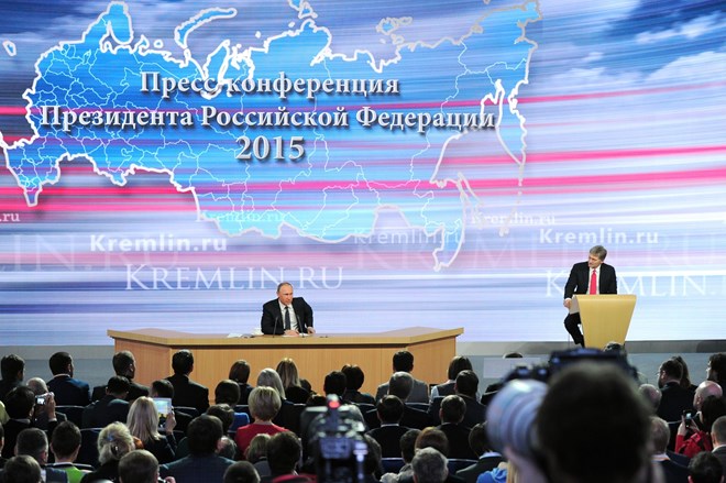 Buổi họp b&aacute;o của Tổng thống Nga Putin thu h&uacute;t gần 1.400 nh&agrave; b&aacute;o trong v&agrave; ngo&agrave;i nước tới dự