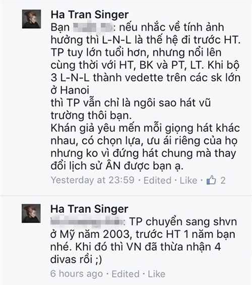 Ph&aacute;t ng&ocirc;n của Trần Thu H&agrave; về việc Thu Phương c&oacute; phải l&agrave; diva hay kh&ocirc;ng khiến de luận dậy s&oacute;ng