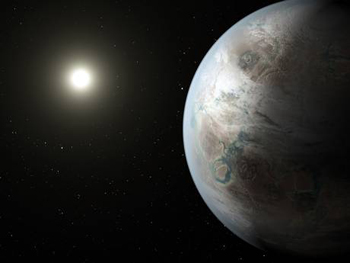M&ocirc; phỏng 'Tr&aacute;i Đất thứ hai' Kepler-452b v&agrave; mặt trời của n&oacute;. Ảnh NASA