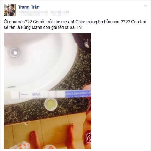 Trang Trần chia sẻ h&igrave;nh ảnh que thử thai tr&ecirc;n trang c&aacute; nh&acirc;n