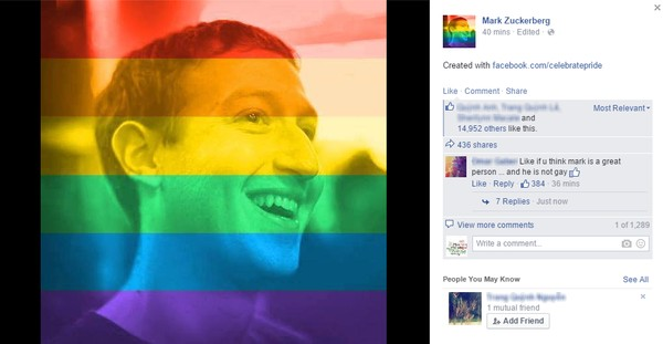 CEO của Facebook, Mark Zuckerberg cũng đ&atilde; đổi avatar sang phong c&aacute;ch cờ lục sắc theo tr&agrave;o lưu Facebook mới nhất hiện nay