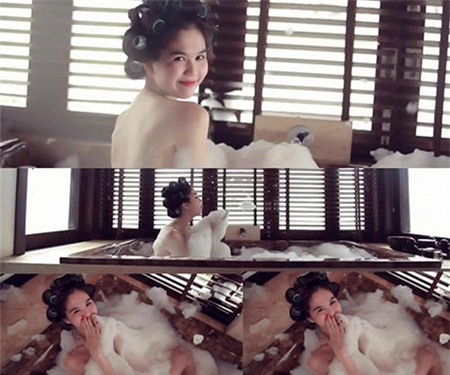 Ngọc Trinh kín đáo hơn khi dùng bọt xà phồng để che đi cơ thể đang nude hoàn toàn của mình