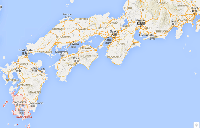 M&aacute;y bay mất t&iacute;ch ở khu vực tỉnh Kagoshima (chữ đỏ), ph&iacute;a T&acirc;y Nam Nhật Bản