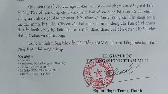 Phần trả lời của C&ocirc;ng an tỉnh Ki&ecirc;n Giang cho cơ quan b&aacute;o ch&iacute; về kết quả xử l&yacute; trung t&aacute; Tấn.