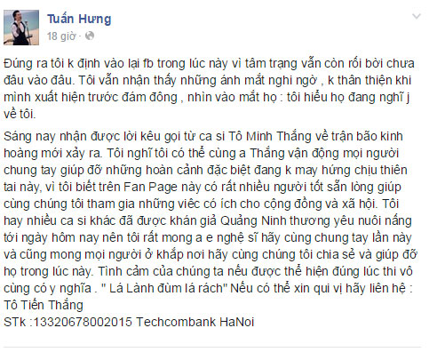 H&agrave;nh động n&agrave;y của Tuấn Hưng được nhiều người ủng hộ