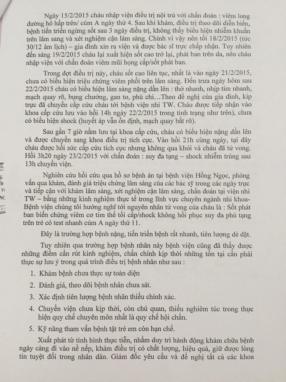 Bệnh nhi tử vong, bệnh viện Hồng Ngọc n&oacute;i g&igrave;?
