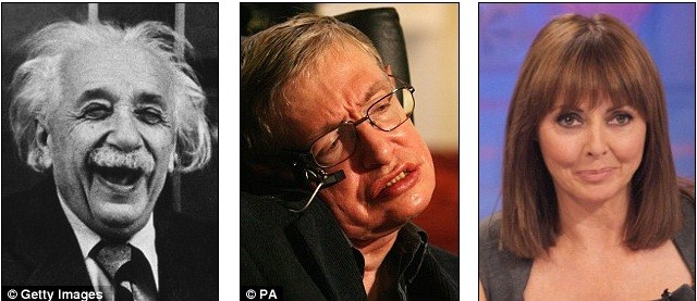 Stephen Hawking (giữa), Albert Einstein (tr&aacute;i) v&agrave; Carol Vorderman