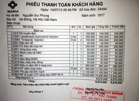 Ngay trong bảng k&ecirc; c&aacute;c dịch vụ sử dụng cho chị Phong, ph&ograve;ng kh&aacute;m Maria cũng đ&atilde; k&ecirc; đơn thuốc Levofloxacin v&agrave; thuốc g&acirc;y m&ecirc; tĩnh mạch. Khi thực hiện truyền thuốc Levofloxacin, bệnh nh&acirc;n bị ngạt mũi v&agrave; c&oacute; c&aacute;c biểu hiện ph&aacute;t ban.