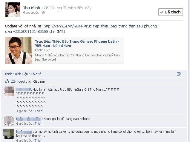 C&aacute;c fan của Thu Minh b&agrave;y tỏ bức x&uacute;c tr&ecirc;n facebook của ca sỹ n&agrave;y