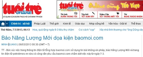 B&agrave;i viết tr&ecirc;n b&aacute;o Tuổi Trẻ, khuấy động l&agrave;ng b&aacute;o giấy ủng hộ phong tr&agrave;o "diệt tầm gửi". Ảnh chụp từ m&agrave;n h&igrave;nh.