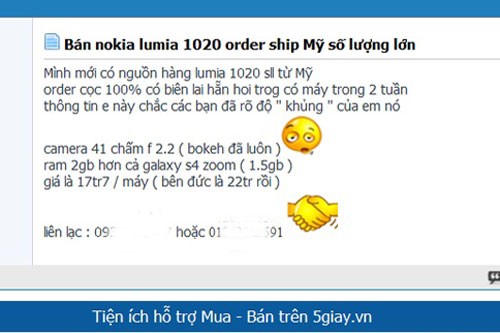 Th&ocirc;ng tin nhận đặt h&agrave;ng trước Nokia Lumia 1020 tr&ecirc;n 5giay.vn.