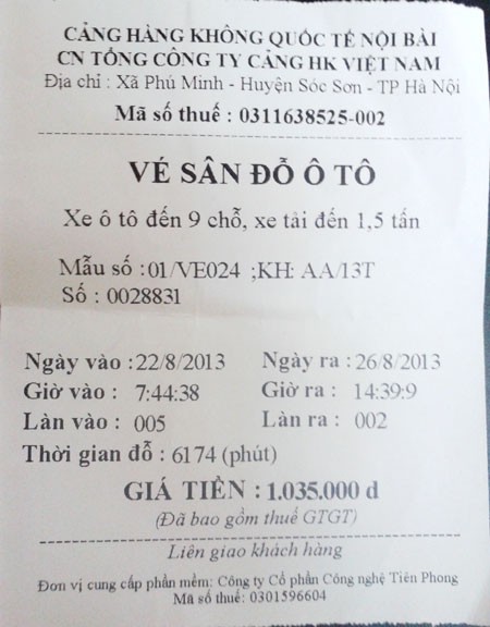 Số tiền chị Nhung phải trả cho 4 ng&agrave;y gửi xe tại s&acirc;n bay Nội B&agrave;i