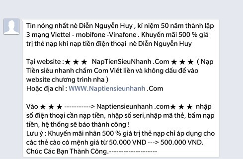 Vinaphone cảnh b&aacute;o lừa đảo nạp thẻ khuyến m&atilde;i khủng 