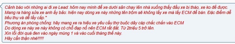 Những chia sẻ của cư d&acirc;n mạng n&ecirc;n cảnh gi&aacute;c với chi&ecirc;u mới của kẻ gian đối với xe Honda Lead