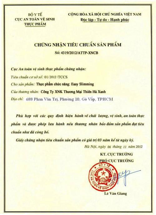 Cục ATTP thu hồi giấy x&aacute;c nhận c&ocirc;ng bố ph&ugrave; hợp ti&ecirc;u chuẩn cho sản phẩm Easy Slimming