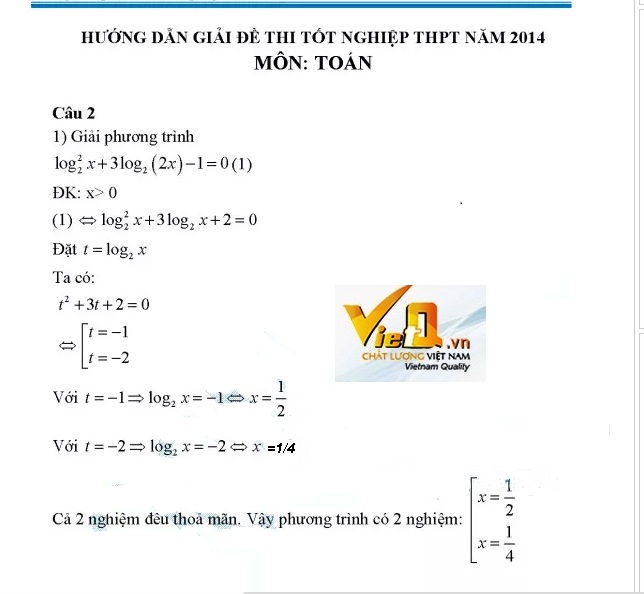 Đ&aacute;p &aacute;n m&ocirc;n To&aacute;n thi tốt nghiệp THPT 2014 được hỗ trợ giải từ thầy c&ocirc; gi&aacute;o uy t&iacute;n.