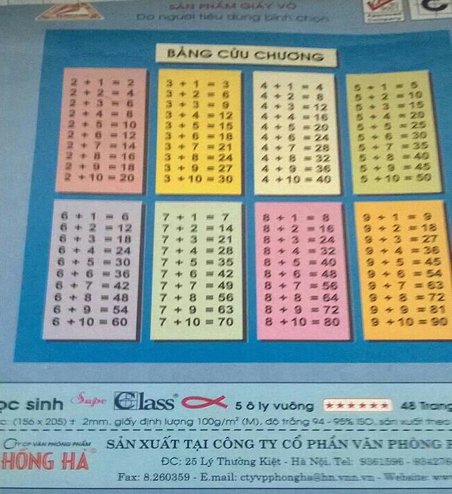 Bảng cửu chương tr&ecirc;n vở Hồng H&agrave; bị in sai ph&eacute;p t&iacute;nh