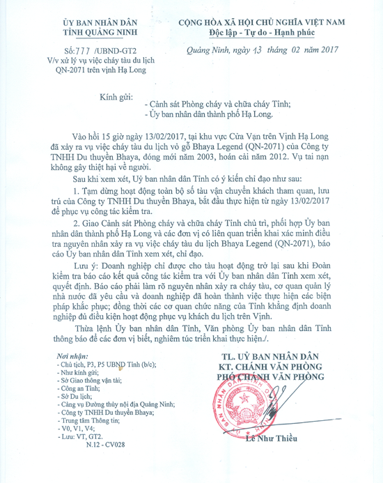 Vụ ch&aacute;y tr&ecirc;n vinh Hạ Long: Tạm dừng hoạt động to&agrave;n bộ số t&agrave;u của C&ocirc;ng ty TNHH Du thuyền Bhaya