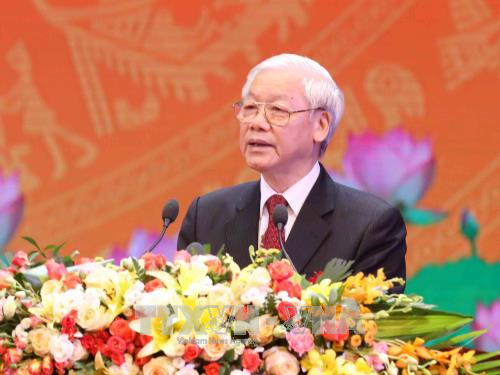 Tổng B&iacute; thư Nguyễn Ph&uacute; Trọng đọc Diễn văn tại Lễ kỷ niệm. Ảnh: Phương Hoa/TTXVN