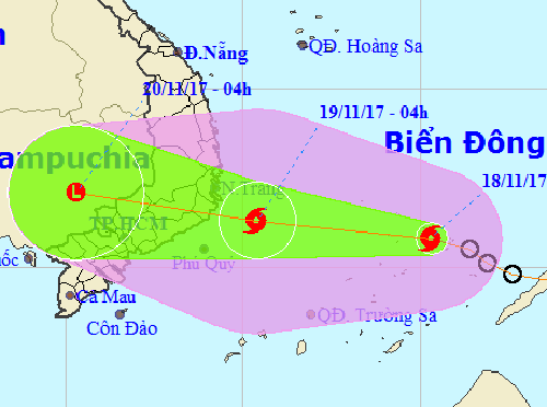 B&atilde;o số 14 giật cấp 11 c&aacute;ch tỉnh Kh&aacute;nh H&ograve;a-Ninh Thuận-B&igrave;nh Thuận khoảng 510 km