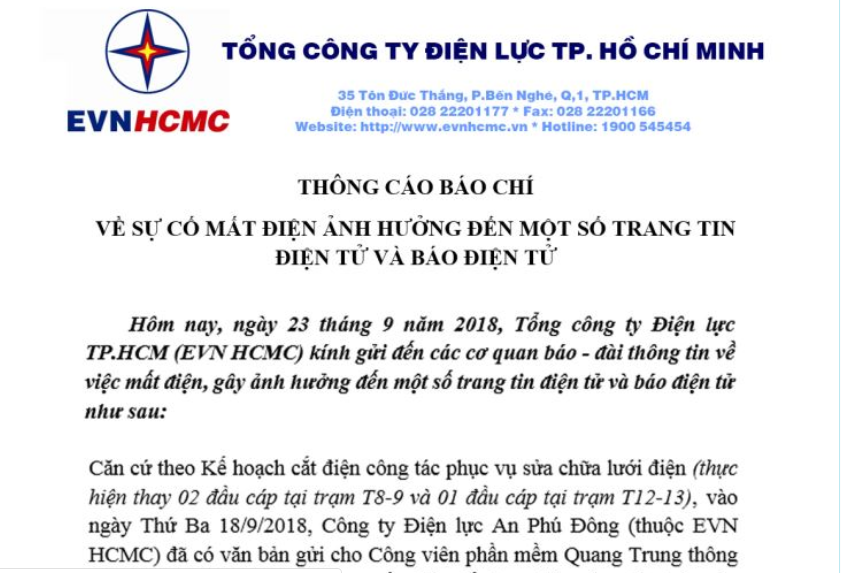 Tổng công ty điện lực nói gì về nguyên nhân Zalo và hàng loạt báo điện tử bị ‘sập’ do mất điện Tổng công ty điện lực nói gì về nguyên nhân Zalo và hàng loạt báo điện tử bị ‘sập’ do mất điện