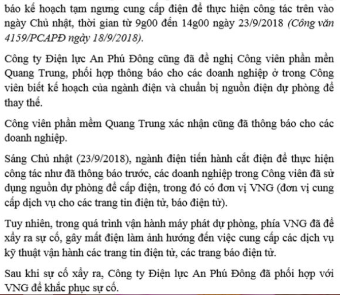 Tổng công ty điện lực nói gì về nguyên nhân Zalo và hàng loạt báo điện tử bị ‘sập’ do mất điện Tổng công ty điện lực nói gì về nguyên nhân Zalo và hàng loạt báo điện tử bị ‘sập’ do mất điện