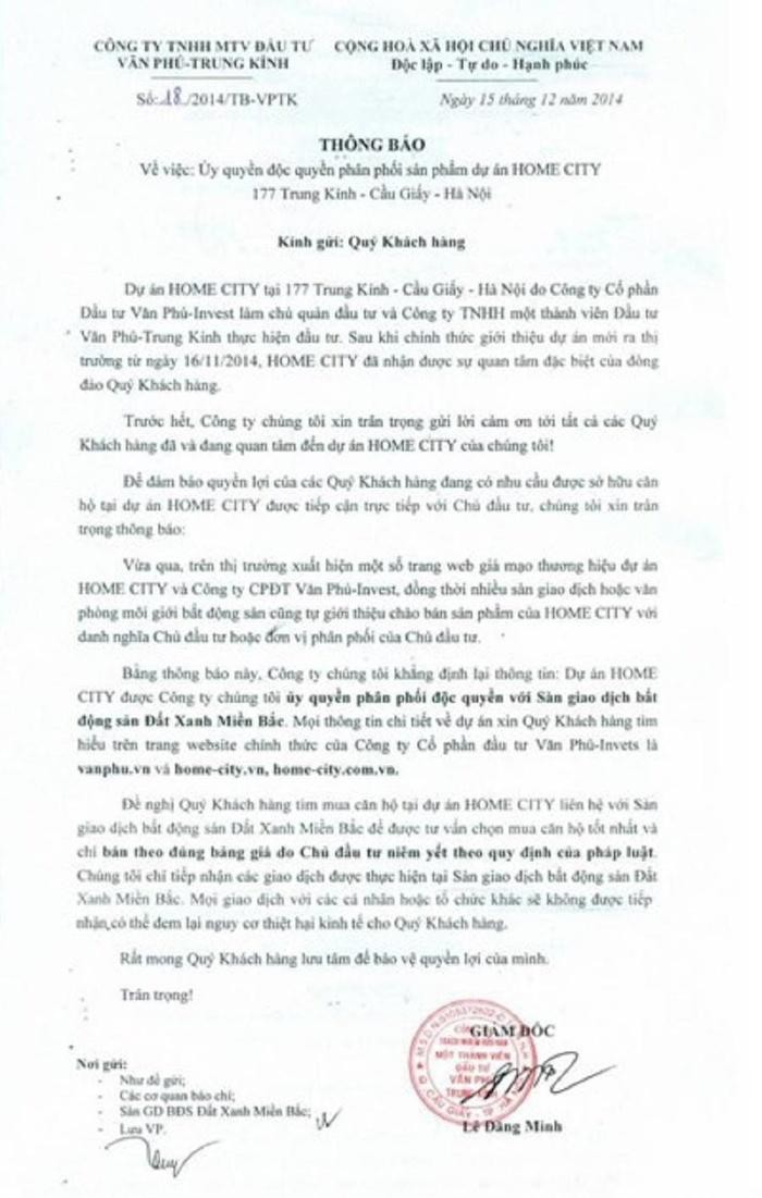 Vụ cư d&acirc;n Home City 177 Trung K&iacute;nh: Tr&aacute;ch nhiệm của Đất Xanh Miền Bắc ở đ&acirc;u?