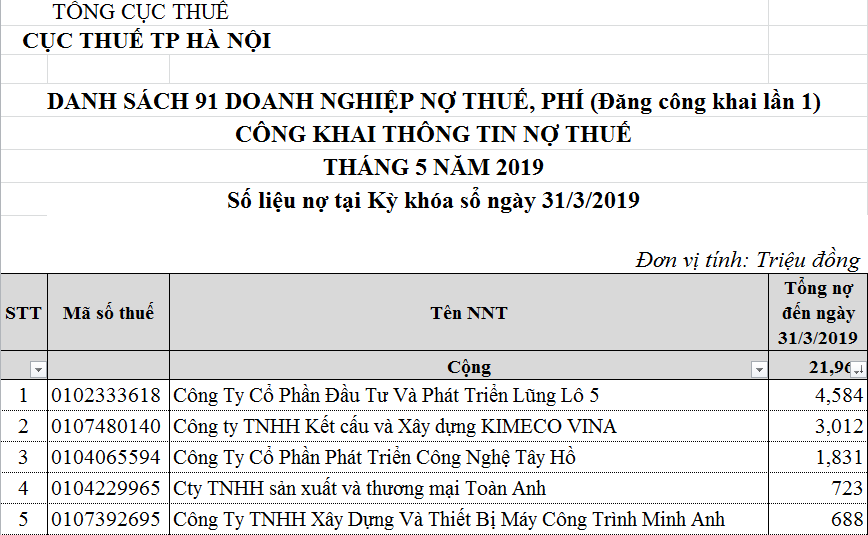 C&ocirc;ng ty CP Đầu tư v&agrave; Ph&aacute;t triển Lũng L&ocirc; 5 đứng đầu danh s&aacute;ch nợ thuế, ph&iacute;, tiền thu&ecirc; đất
