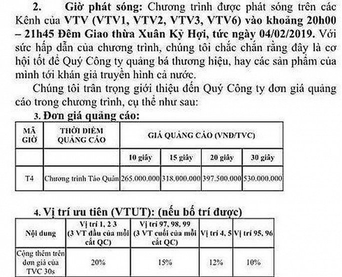 Th&ocirc;ng tin Đ&agrave;i truyền h&igrave;nh Việt Nam (VTV) c&oacute; thể dừng sản xuất ''T&aacute;o qu&acirc;n'' sau 16 năm v&agrave; thay thế bằng một chương tr&igrave;nh mới đang khiến nhiều kh&aacute;n giả hụt hẫng. Đ&atilde; nhiều năm nay, T&aacute;o qu&acirc;n l&agrave; chương tr&igrave;nh quen thuộc với kh&aacute;n giả Việt Nam v&agrave;o mỗi đ&ecirc;m giao thừa. Kh&ocirc;ng những thế, với nh&agrave; Đ&agrave;i VTV, đ&acirc;y c&ograve;n từng l&agrave; ''con g&agrave; đẻ trứng v&agrave;ng''.  Theo b&aacute;o c&aacute;o từ hệ thống đo lường định lượng kh&aacute;n giả Việt Nam, nhiều năm nay T&aacute;o qu&acirc;n l&agrave; chương tr&igrave;nh c&oacute; rating cao nhất tr&ecirc;n s&oacute;ng VTV dịp Tết Nguy&ecirc;n đ&aacute;n, đặc biệt ở khu vực miền Bắc. Do đ&oacute;, để được quảng c&aacute;o sản phẩm trước, trong v&agrave; sau chương tr&igrave;nh T&aacute;o qu&acirc;n, c&aacute;c Link Đăng Nhập Nhà cái 13Win16.Com phải bỏ ra một số tiền kh&ocirc;ng nhỏ.  'Tao quan' tung hut tien quang cao the nao? hinh anh 1  Bảng b&aacute;o gi&aacute; quảng c&aacute;o của TVAd cho chương tr&igrave;nh T&aacute;o qu&acirc;n 2019. (Ảnh: Infonet)  Theo bảng b&aacute;o gi&aacute; quảng c&aacute;o của TVAd cho chương tr&igrave;nh T&aacute;o qu&acirc;n 2019, mức gi&aacute; tối thiểu l&agrave; 265 triệu đồng cho mỗi lần ph&aacute;t s&oacute;ng TVC quảng c&aacute;o (Television Commercials - quảng c&aacute;o bằng h&igrave;nh ảnh) c&oacute; thời lượng 10 gi&acirc;y. Đối với TVC 15 gi&acirc;y, mức gi&aacute; l&agrave; 318 triệu đồng/lần ph&aacute;t s&oacute;ng; TVC 20 gi&acirc;y l&agrave; 397.500.000 đồng/lần ph&aacute;t s&oacute;ng. Đặc biệt, để được ph&aacute;t s&oacute;ng TVC thời lượng 30 gi&acirc;y, Link Đăng Nhập Nhà cái 13Win16.Com phải chi tới 530 triệu đồng/lần.  Ngo&agrave;i ra, Link Đăng Nhập Nhà cái 13Win16.Com muốn quảng c&aacute;o ở vị tr&iacute; ưu ti&ecirc;n như đầu hoặc cuối chương tr&igrave;nh, mức gi&aacute; quảng c&aacute;o sẽ tăng th&ecirc;m 10-20% so với bảng b&aacute;o gi&aacute; ban đầu.  Ước t&iacute;nh, chỉ với 10 ph&uacute;t b&aacute;n quảng c&aacute;o trong thời gian ph&aacute;t s&oacute;ng T&aacute;o Qu&acirc;n 2019, VTV thu khoảng hơn 10 tỷ đồng, chưa kể khung quảng c&aacute;o trước v&agrave; sau thời lượng ph&aacute;t s&oacute;ng.  Mức gi&aacute; n&ecirc;u tr&ecirc;n l&agrave; con số rất lớn nếu so s&aacute;nh với bảng gi&aacute; thường nhật tr&ecirc;n VTV1 v&agrave;o khung giờ từ 17h45-18h30 (được xem l&agrave; khung giờ đẹp với lượng rating cao), mức gi&aacute; n&agrave;y v&agrave;o ng&agrave;y thường được TVAd b&aacute;o gi&aacute; chỉ từ 17,5 triệu đồng &ndash; 35 triệu đồng/lần ph&aacute;t s&oacute;ng t&ugrave;y thời lượng TVC.  B&ecirc;n cạnh quảng c&aacute;o dạng TVC trước, trong v&agrave; sau chương tr&igrave;nh, VTV c&ograve;n c&oacute; nguồn thu từ việc b&aacute;n quảng c&aacute;o trong lời thoại của c&aacute;c ''T&aacute;o''.  'Tao quan' tung hut tien quang cao the nao? hinh anh 2  Chương tr&igrave;nh T&aacute;o qu&acirc;n được xem l&agrave; ''con g&agrave; đẻ trứng v&agrave;ng'' của VTV. (Ảnh: VTV)  Trong chương tr&igrave;nh T&aacute;o qu&acirc;n 2019, d&agrave;n quan qu&acirc;n thi&ecirc;n đ&igrave;nh li&ecirc;n tục nhắc t&ecirc;n c&aacute;c thương hiệu từ thời trang cho tới h&agrave;ng kh&ocirc;ng...Kh&ocirc;ng c&oacute; b&aacute;o gi&aacute; cụ thể như với quảng c&aacute;o TVC song để được c&aacute;c ''T&aacute;o'' xướng t&ecirc;n thương hiệu chắc chắn mức gi&aacute; kh&ocirc;ng hề rẻ.