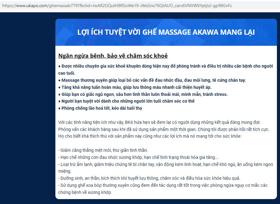 Ghế massage Akawa tự nhận c&oacute; c&ocirc;ng dụng trị bệnh, lừa dối người 13Win18 đa dạng khuyến mãi?
